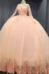 Ball Gown V Neck Long Sleeves 3D Flower Appliques Beaded Pink Tulle Evening Party Gown Quinceanera Dress For Sweet 16